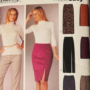 May include: Simplicity sewing pattern featuring six different bottom styles. The pattern includes a pencil skirt with a front slit, a pair of wide-leg pants, and other skirt and pant designs. The pattern includes sizes 8, 10, 12, and 14.