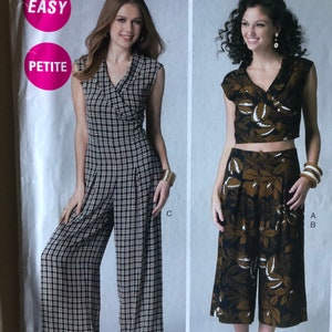 May include: A sewing pattern featuring two different styles of clothing. The first style is a black and white plaid jumpsuit with a V-neck and wide legs. The second style is a brown and white floral print top and matching wide-leg pants. The pattern is labeled "Easy" and "Petite".