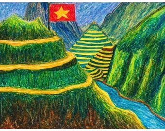 Ha Giang Vietnam Printable Art, Rice Terraces Landscape Drawing, Lung Cu Flag Tower, Nho Que River, Hand Drawn from Memory, Digital Download