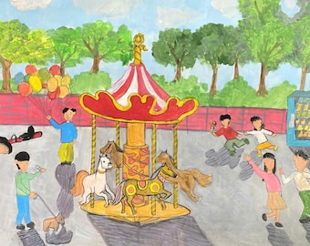 Art imprimable carrousel des souvenirs, décoration murale de chambre d'enfants, illustration d'aire de jeux, art mural de chambre d'enfant, téléchargement numérique