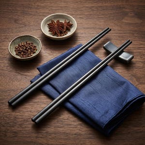 Puede incluir: Naturaleza muerta con palillos chinos negros sobre una servilleta azul, acompañados de pequeños cuencos con especias y anís estrellado. Los elementos están dispuestos sobre una superficie de madera oscura, creando una estética cálida.
