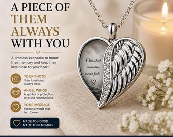 Personalized Angel Wing Heart Photo Necklace, Custom Memorial Keepsake, Sympathy Gift