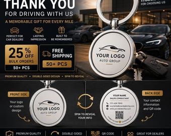 Custom Dealership Keychain, Logo, Contact Info, QR Code, Business Gift