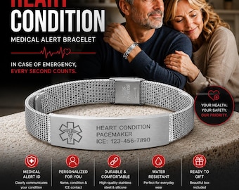 Heart Condition Medical Alert Bracelet, Pacemaker ID Bracelet, Personalized Medical ID Jewelry, Emergency Contact Bracelet
