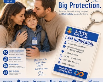 Médaille de sécurité personnalisée pour autisme, Médaille d'identification non verbale pour enfant, Porte-clés d'alerte médicale personnalisé, Étiquette de contact d'urgence pour sac à dos