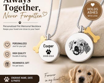 Personalized Pet Memorial Urn Necklace, Custom Photo Engraving, Metal Keepsake Pendant