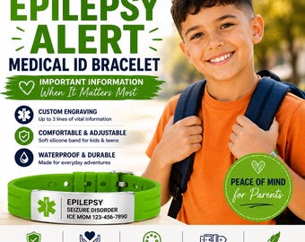 Kids Epilepsy Alert Bracelet, Personalized Medical Band, Emergency ICE Jewelry