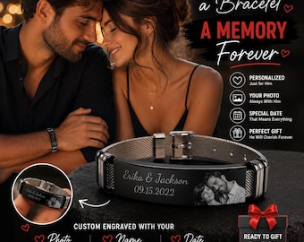 Custom Photo Bracelet for Him, Engraved Name Date Gift for Boyfriend