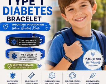 Kids Medical Alert Bracelet, Custom Diabetes Bracelet, Child Allergy Band, Emergency ICE Jewelry