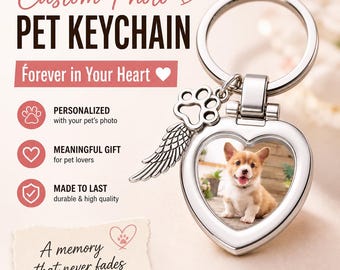 Custom Pet Photo Memorial Keychain, Personalized Heart Keepsake, Alloy Pet Lover Gift