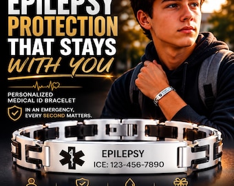 Personalized Epilepsy Medical ID Bracelet, Stainless Steel Custom ICE Emergency Jewelry