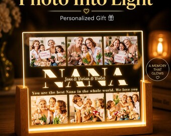 Custom Photo Night Light, Personalized Walnut LED Lamp, Family Keepsake Gift