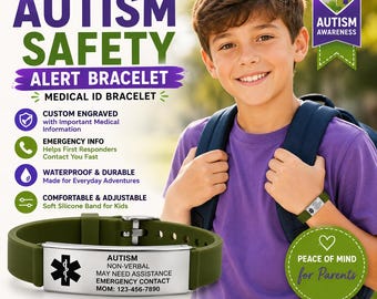 Kids Autism Safety Bracelet, Personalized Medical Alert Band, Special Needs ID