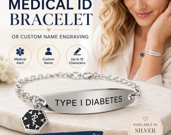 Personalized Medical ID Bracelet, Custom Engraved Name Bracelet, Diabetes Allergy Alert Jewelry