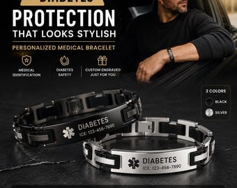 Custom Diabetes Medical Alert Bracelet, Stainless Steel ICE ID Jewelry