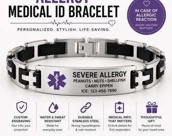 Personalized Stainless Steel Allergy Medical ID Bracelet, Custom Engraving, Kids Emergency Jewelry