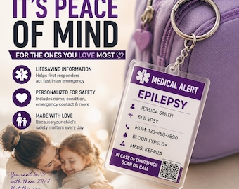 Epilepsy Medical Alert Keychain, Personalized Emergency Contact Tag, Custom Child ID for Backpack, Bag or Keys