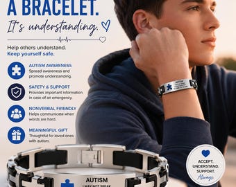 Personalized Autism Medical Alert Bracelet, Stainless Steel ID, Nonverbal Safety Jewelry