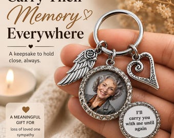 Custom Photo Memorial Keychain, Angel Wing Heart Charm, Sympathy Remembrance Gift