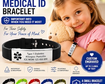 Custom Engraved Medical ID Bracelet, Diabetes Allergy Emergency Wristband