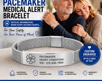 Custom Engraved Pacemaker Medical Alert Bracelet, Heart Condition ICE Jewelry