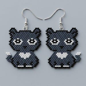 Halloween Cat Beaded Earrings Pattern | Black White Cat Brick Stitch Tutorial | DIY Gifts | Miyuki Delica 11/0 | PDF Digital Download