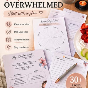 May include: A planner with the text "Stop Feeling Overwhelmed" and "Start with a plan." Includes pages for exam prep, study organization, time management, and routines. A pen and a plate of fruit are also visible.