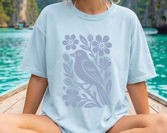 floral d'oiseau d'art populaire | -shirt monochrome pour amateurs d'oiseaux Cottagecore | t-shirt style linogravure