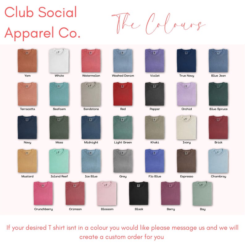 Peut inclure: Nuancier de t-shirts de Club Social Apparel Co. avec une vari&eacute;t&eacute; de couleurs, dont Yam, White, Watermelon, Washed Denim, Violet et True Navy. Le texte "The Colours" est en haut.