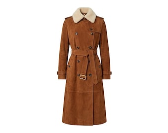 Trench da donna in pelle, cappotto in camoscio color cognac fatto a mano con cintura, collo in montone, taglie personalizzate.