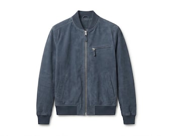Giacca bomber da uomo in pelle scamosciata blu ardesia, cappotto di lusso in pelle scamosciata realizzato a mano, disponibile in taglie personalizzate.