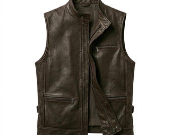 Gilet da uomo in pelle pieno fiore marrone scuro, stile tattico, realizzato a mano, disponibile in taglie personalizzate.