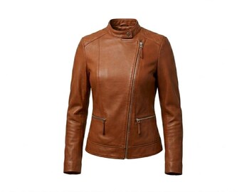 Giacca da motociclista da donna in pelle color cognac, cappotto asimmetrico trapuntato a mano, taglie personalizzate.