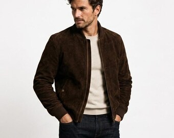 Giacca bomber da uomo in pelle scamosciata color cioccolato fondente, cappotto di lusso in pelle, capospalla vintage fatto a mano