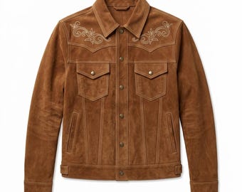 Giacca western da uomo in pelle scamosciata color tabacco, cappotto trucker in pelle ricamata di lusso, capospalla vintage fatto a mano