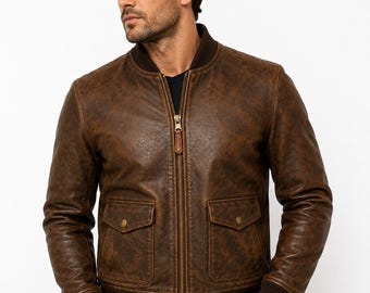 Giacca bomber da uomo in pelle marrone effetto invecchiato, realizzata a mano, stile vintage, da aviatore, in vera pelle.