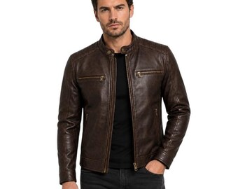 Giacca da uomo in pelle marrone scuro stile Cafe Racer, cappotto da motociclista vintage fatto a mano, capospalla tradizionale