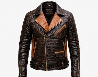 Giacca da uomo in pelle con stampa coccodrillo, cappotto da motociclista di lusso fatto a mano con texture esotica, taglia personalizzata.