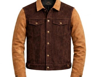 Giacca da camionista da uomo in pelle scamosciata bicolore, cappotto di lusso in pelle color cammello e marrone cioccolato.