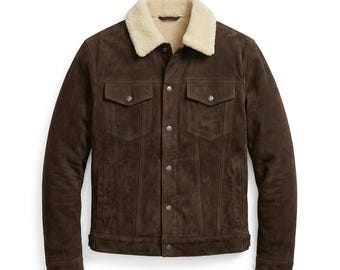 Giacca da camionista da uomo in pelle scamosciata, colletto in montone color cioccolato fondente, cappotto stile western, taglia personalizzata.