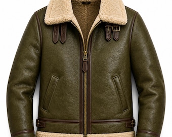 Giacca da aviatore da uomo in montone verde oliva - Bomber B3 in pelle di pecora fatto a mano, giacca invernale in pelle foderata in pelliccia, regalo per il marito, taglia personalizzata