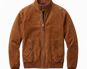 Giacca Harrington da uomo in pelle scamosciata, cappotto stile classico con fodera in tartan color cognac realizzata a mano, taglie personalizzate.