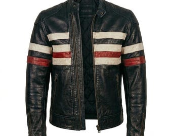 Giacca in pelle stile Cafe Racer vintage, giacca da motociclista nera effetto invecchiato, cappotto con strisce da corsa color crema e rosso.
