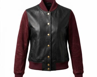 Giacca stile college da donna personalizzata, bomber in pelle nera e camoscio bordeaux, realizzata a mano su misura.