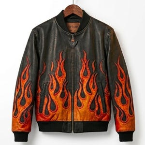 Peut inclure: Veste de bombardier en cuir noir avec un motif de flammes orange et rouge sur le devant et les manches. Col, poignets et ourlet côtelés noirs. Fermeture éclair et emblème décoratif sur la poitrine.