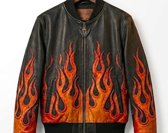 Giacca da uomo in pelle vintage con fiamme, cappotto da motociclista in stile rock americano fatto a mano, taglie personalizzate.