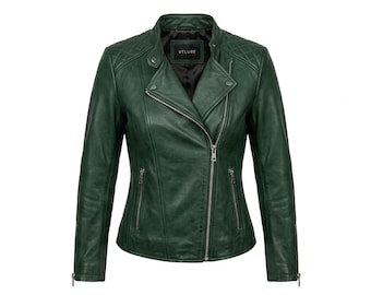Giacca da motociclista da donna in pelle verde foresta, trapuntata, realizzata a mano, di lusso.