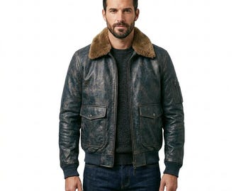 Giacca bomber da uomo in pelle invecchiata, cappotto militare vintage G1 con colletto in montone stile aviatore, personalizzato