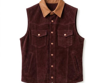 Gilet da uomo in pelle scamosciata bordeaux, stile western, fatto a mano, con colletto marrone e bottoni a pressione, taglie personalizzate.