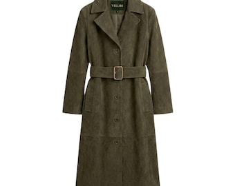 Cappotto da donna in camoscio color oliva con cintura, trench di lusso in camoscio realizzato a mano su misura, disponibile in taglie personalizzate.